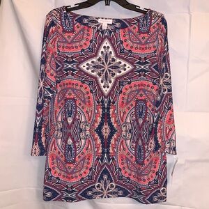 Charter Club Women's Paisley Bohemian Tunic Blouse Multicolor 3/4 Sleeve Medium